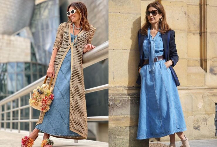 Jeansowe sukienki w stylizacjach dojrzałych blogerek modowych
