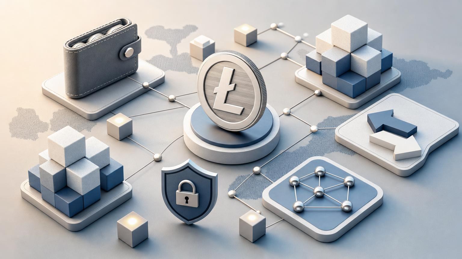Transakcja Litecoin przedstawiona jako przepływ LTC przez sieć, potwierdzenia blockchain i etap realizacji wymiany